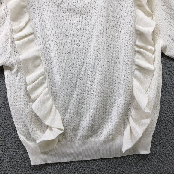 NWOT Lightweight Sweater Womens Medium M White Pointelle Knit Ruffle Front - Picture 4 of 9